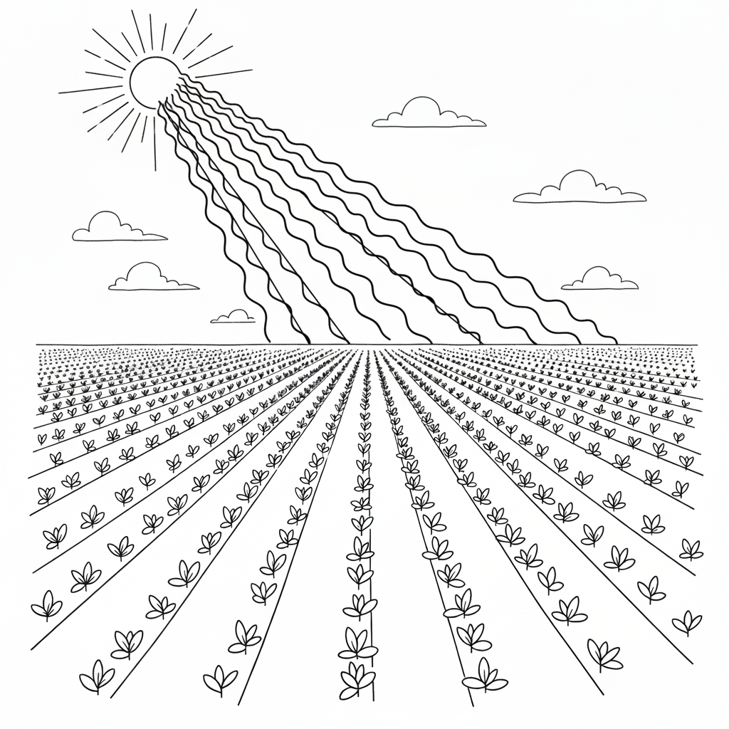 Black and white line drawing of UV rays hitting a crop field